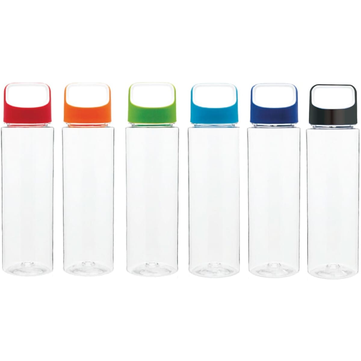 A drink bottle collection featuring clear bottles with brightly coloured lids including red, green, blue, and black.