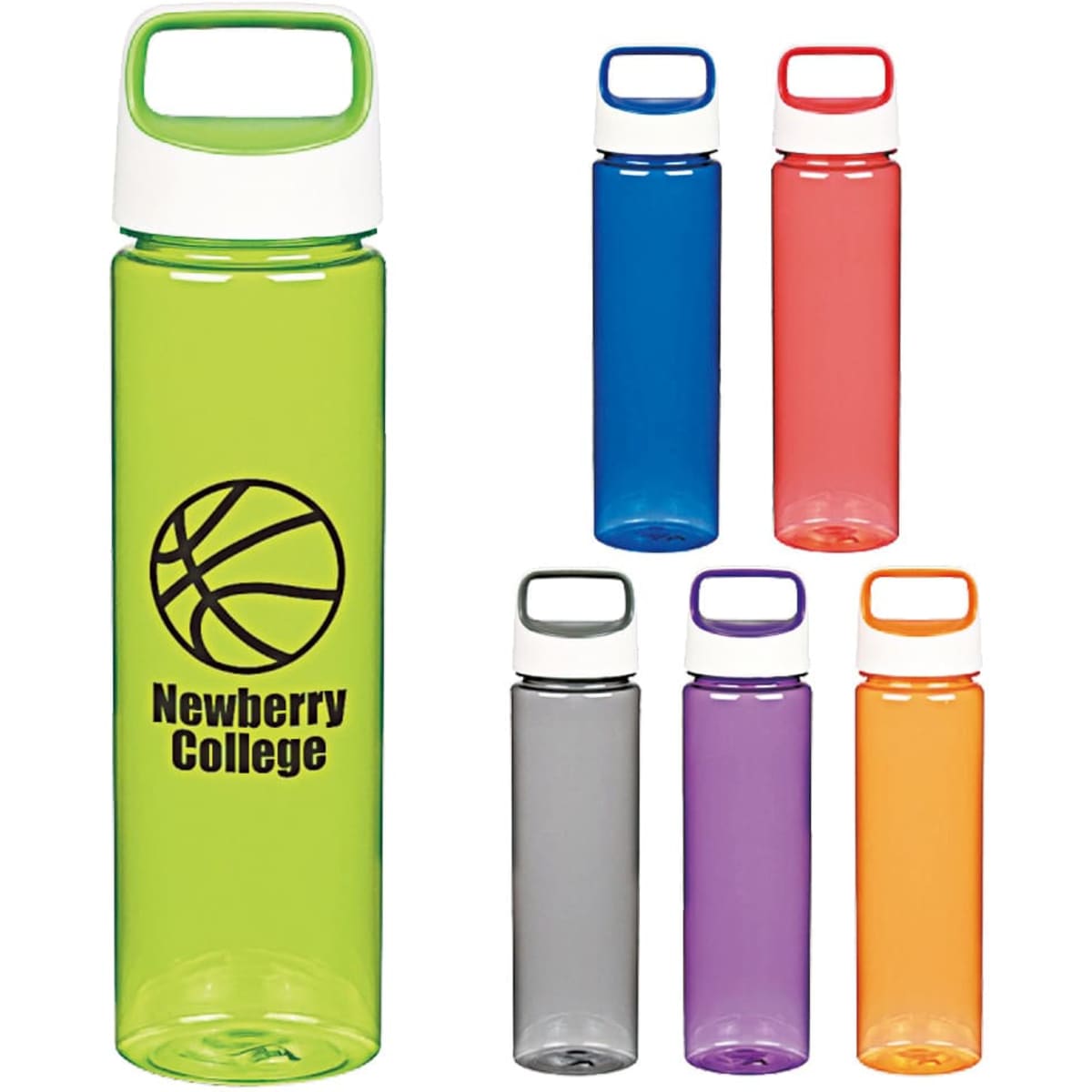 A drink bottle in green with a white lid and various other coloured bottles in red, blue, orange, purple, and grey.