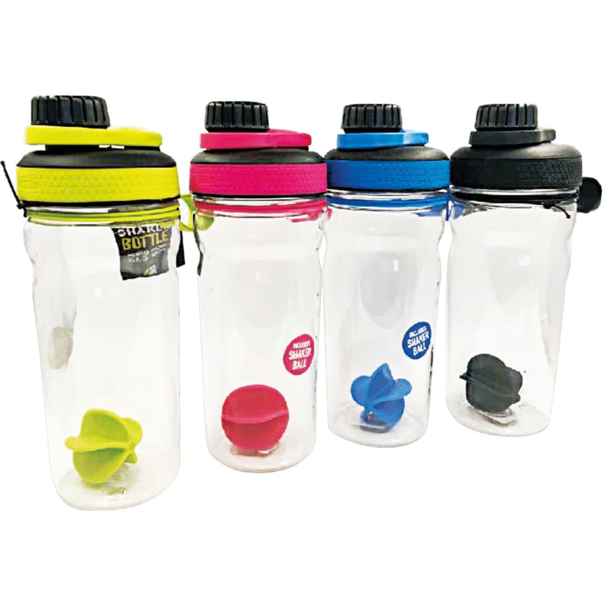 A drink bottle set featuring four transparent containers with black, pink, yellow, and blue lids and matching features.