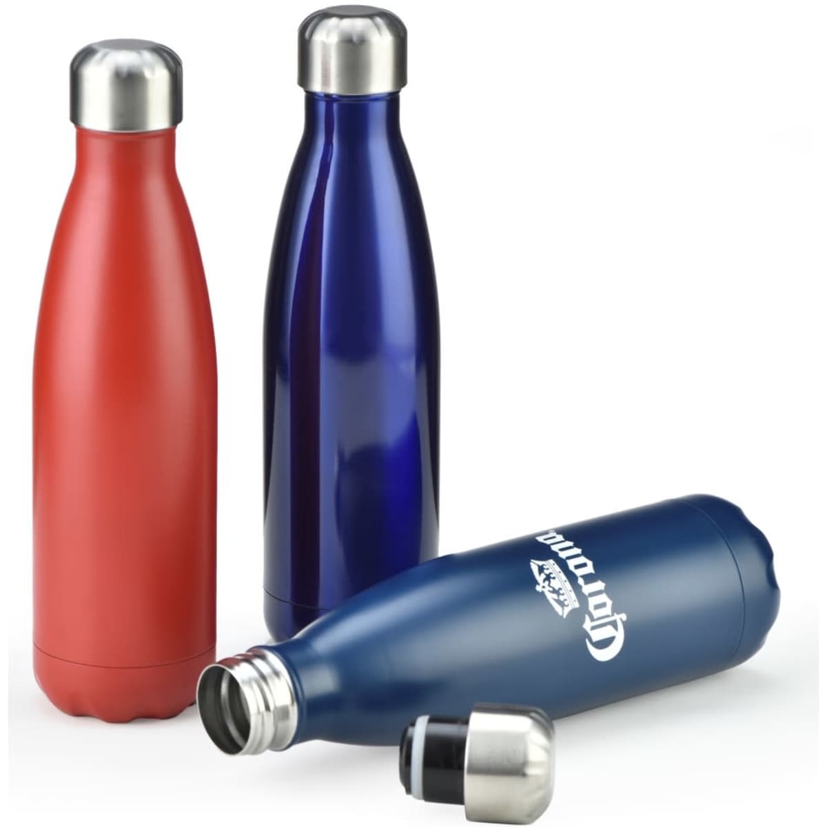 A drink bottle set featuring three metal bottles in red, blue, and navy, with stainless steel lids and a logo.