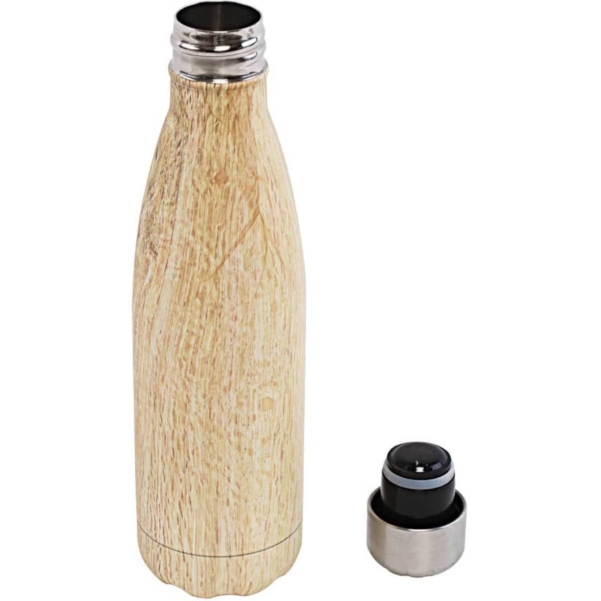 A drink bottle with a wood-like finish and a stainless steel cap, featuring a logo on the body.