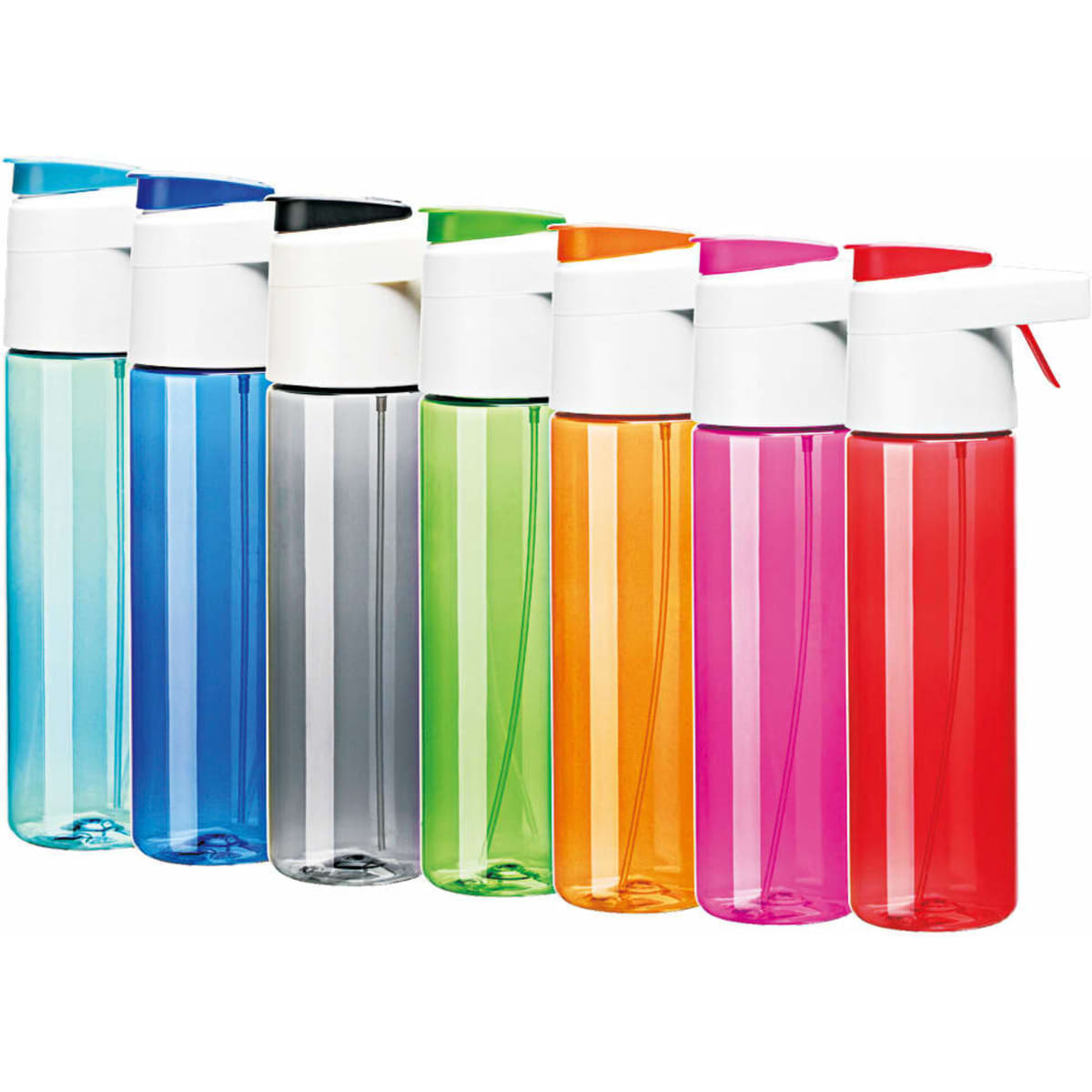 A drink bottle collection featuring eight bottles in blue, grey, green, orange, pink, and purple, each with a white nozzle and logo.