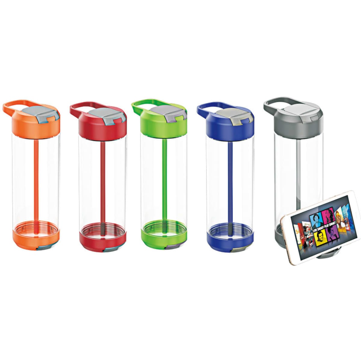 A drink bottle collection featuring orange, red, green, blue, and grey options, with a smartphone beside them.