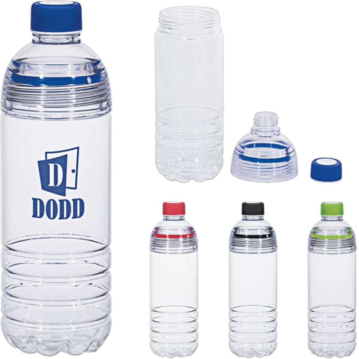 A drink bottle in clear plastic with various coloured caps and an associated logo on one bottle.