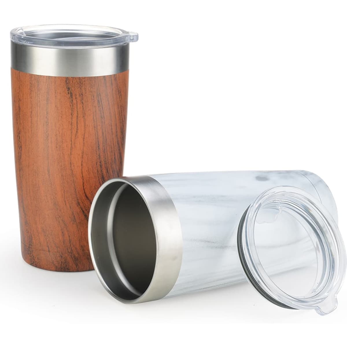 A drink bottle featuring a wooden finish and a white marbled design, both with stainless steel accents and lids.