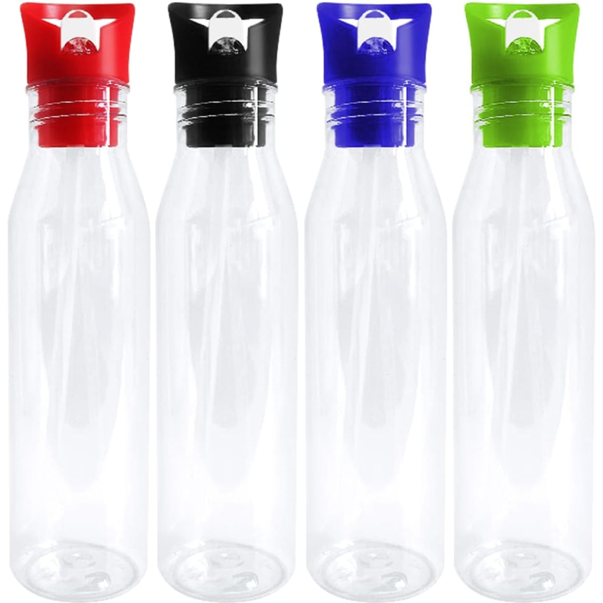 A drink bottle collection featuring clear plastic bodies with red, black, blue, and green lids. Each bottle has a logo.