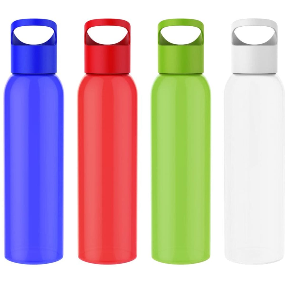 A drink bottle collection featuring blue, red, green, and white colours, each with a matching cap and a logo.