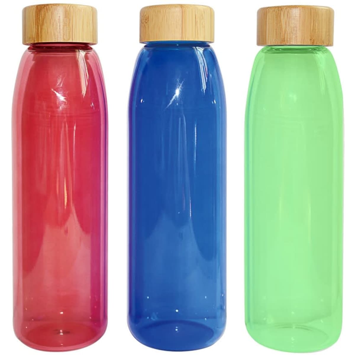 A drink bottle trio featuring pink, blue, and green bottles with bamboo lids and a logo.