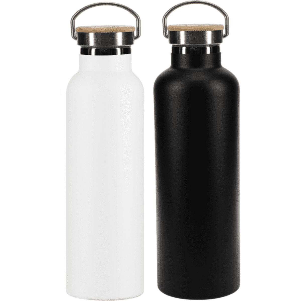 A drink bottle set featuring one white and one black bottle, each with a wooden cap and a metal handle.