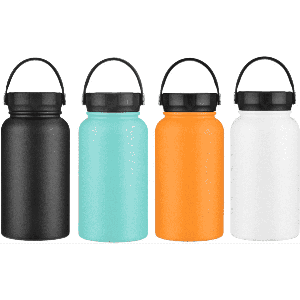A drink bottle collection featuring black, teal, orange, and white colours, each with a black lid and handle.