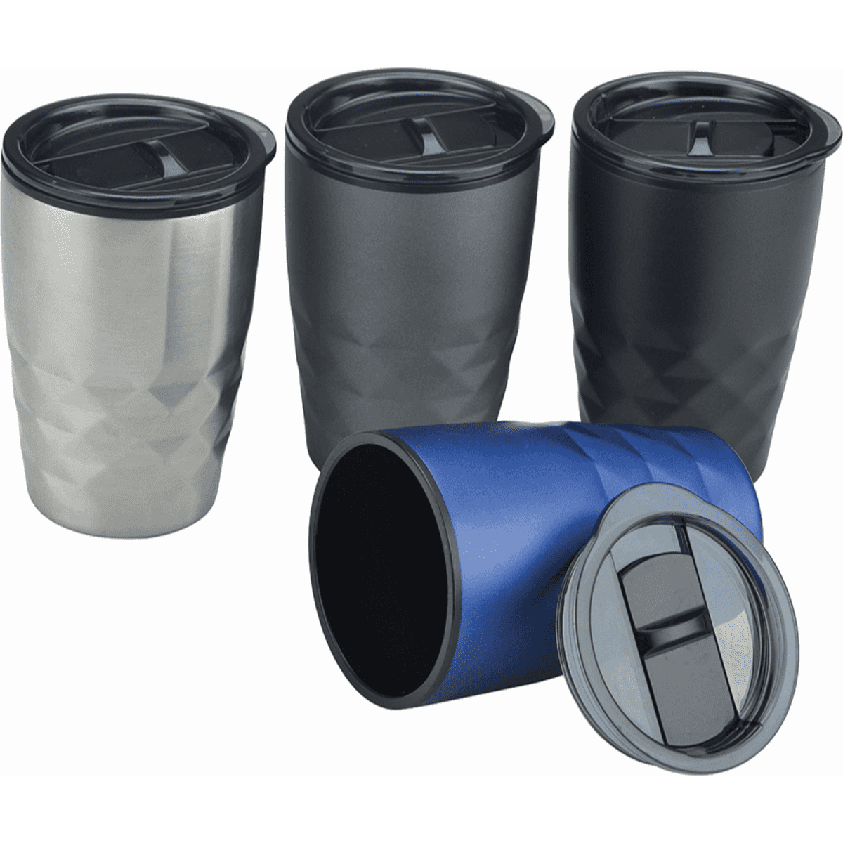 A drinkware set featuring four insulated coffee mugs in silver, black, and blue, with lids and diamond-patterned design.