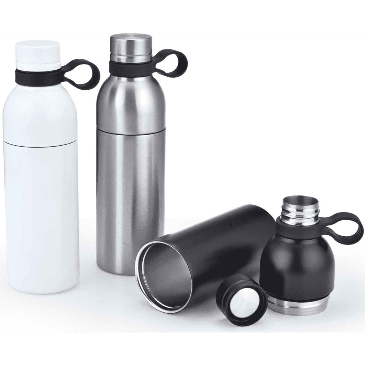 A drink bottle collection featuring white, stainless steel, and black designs, each with a looped cap.