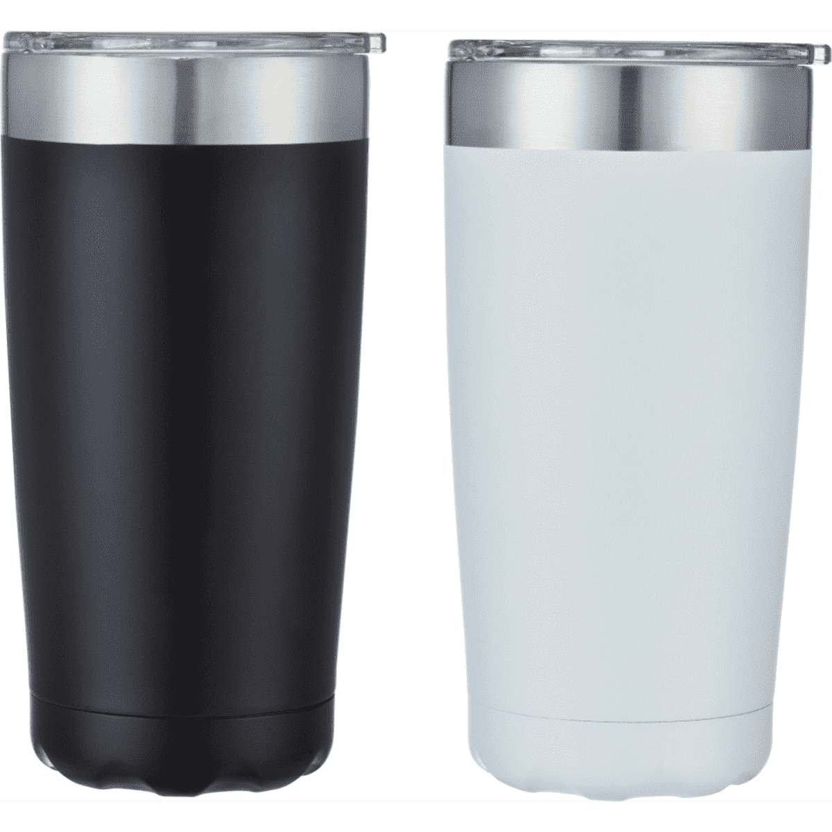 A drink bottle set featuring one black and one white stainless steel mug, both with a silver rim and lids.