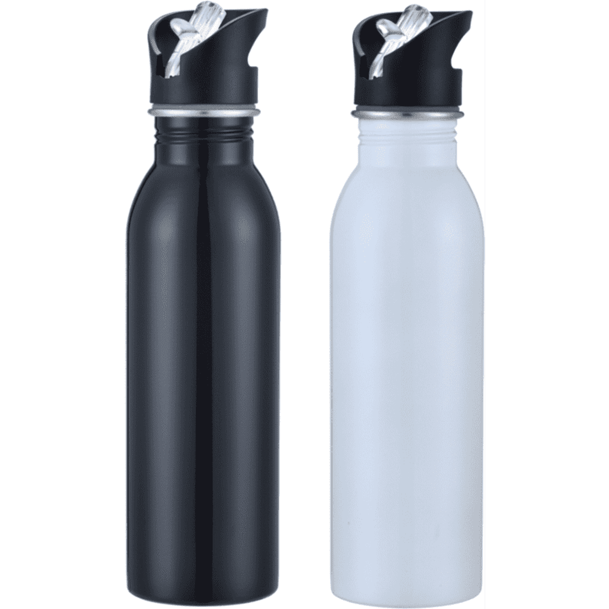 A drink bottle in matte black and glossy white, featuring a sports cap and a logo on one side.