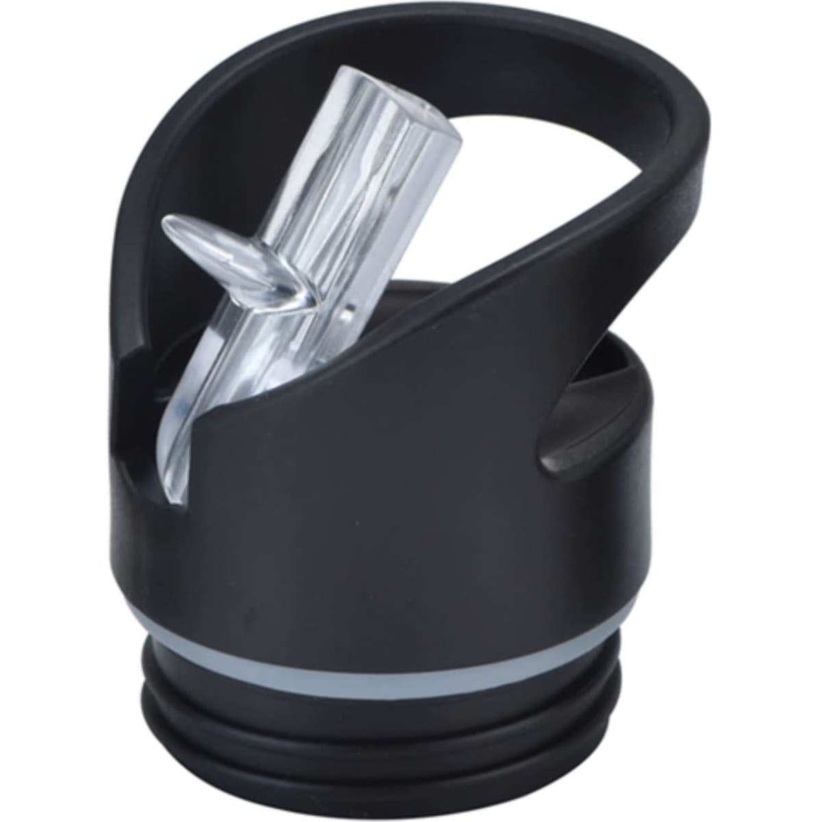 A drink bottle lid in black with a chrome spout, featuring a grip handle and a rubber seal.