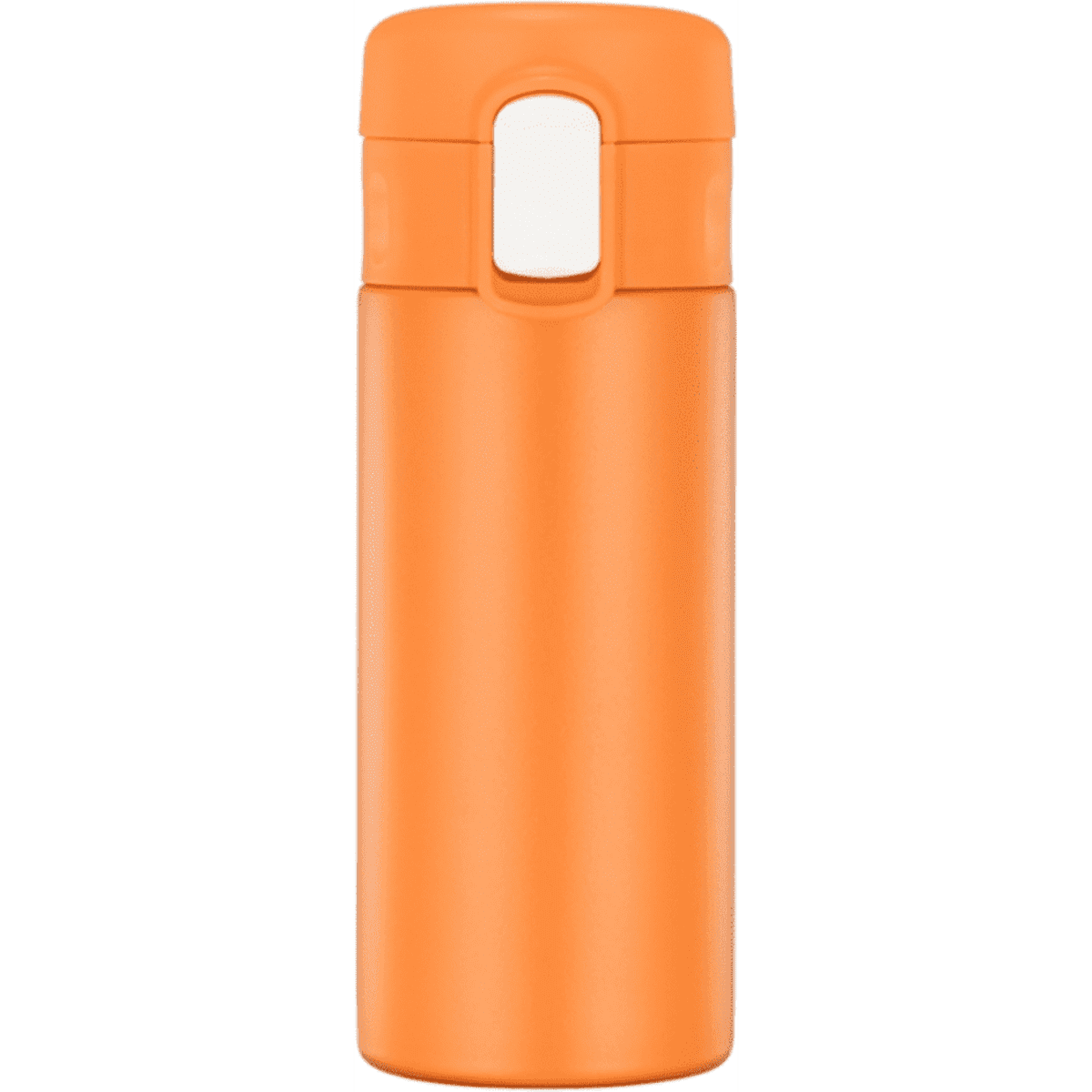 An orange drink bottle with a sleek design and a built-in flip top. It features a logo on the surface.