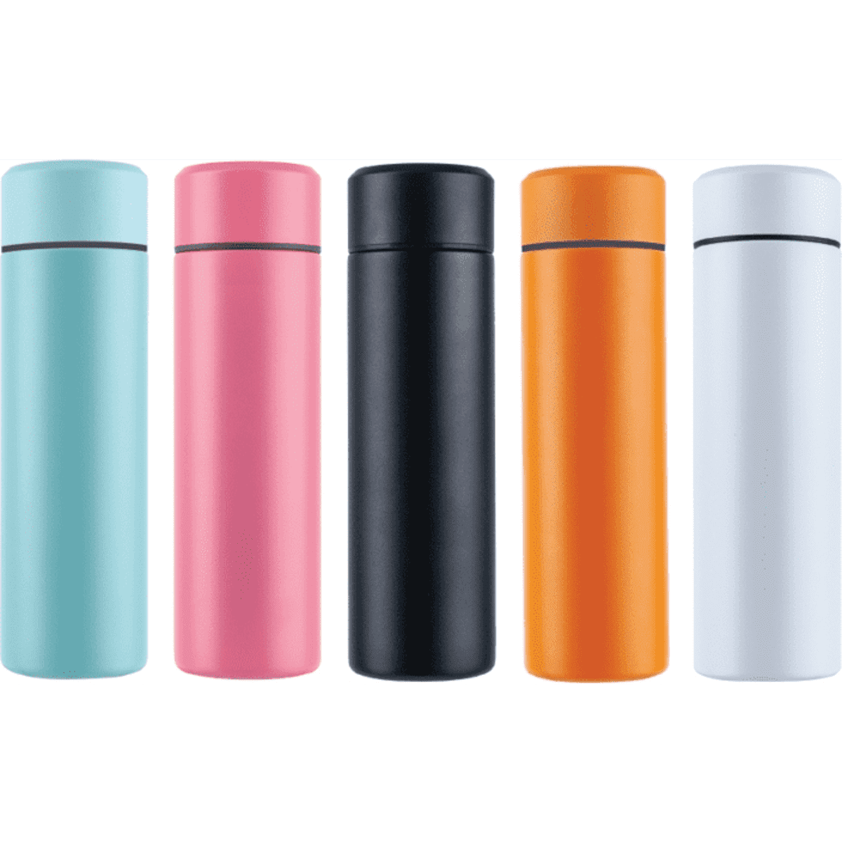 A drink bottle collection featuring light blue, pink, black, orange, and white colours, each with a sleek design and lid.