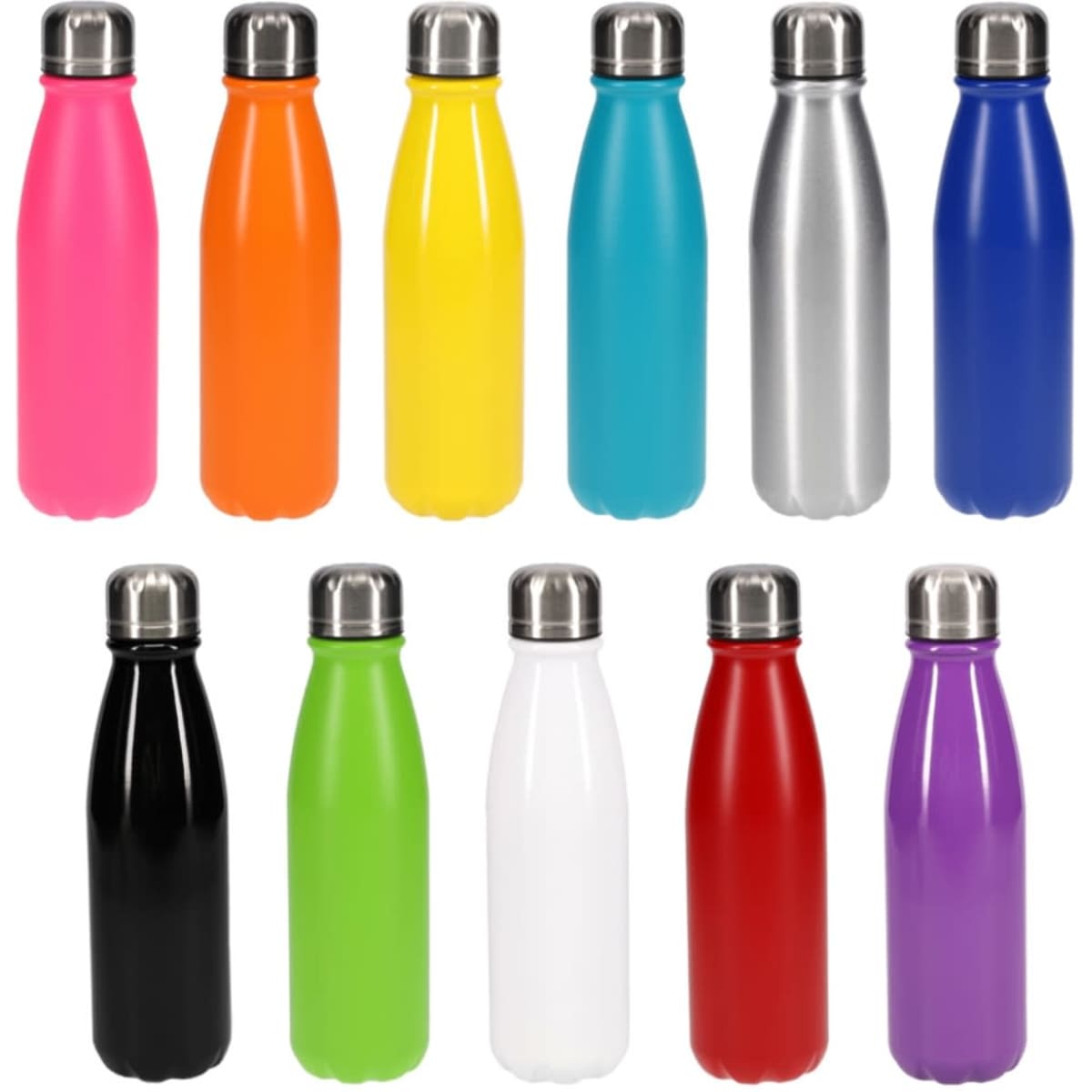 A drink bottle collection featuring pink, orange, yellow, teal, silver, black, green, white, red, and purple colours, each with a metallic lid.