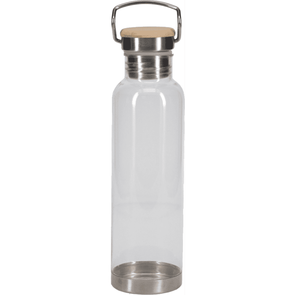 A drink bottle made of clear glass with a stainless steel base and a wooden cap. It features a metal handle.