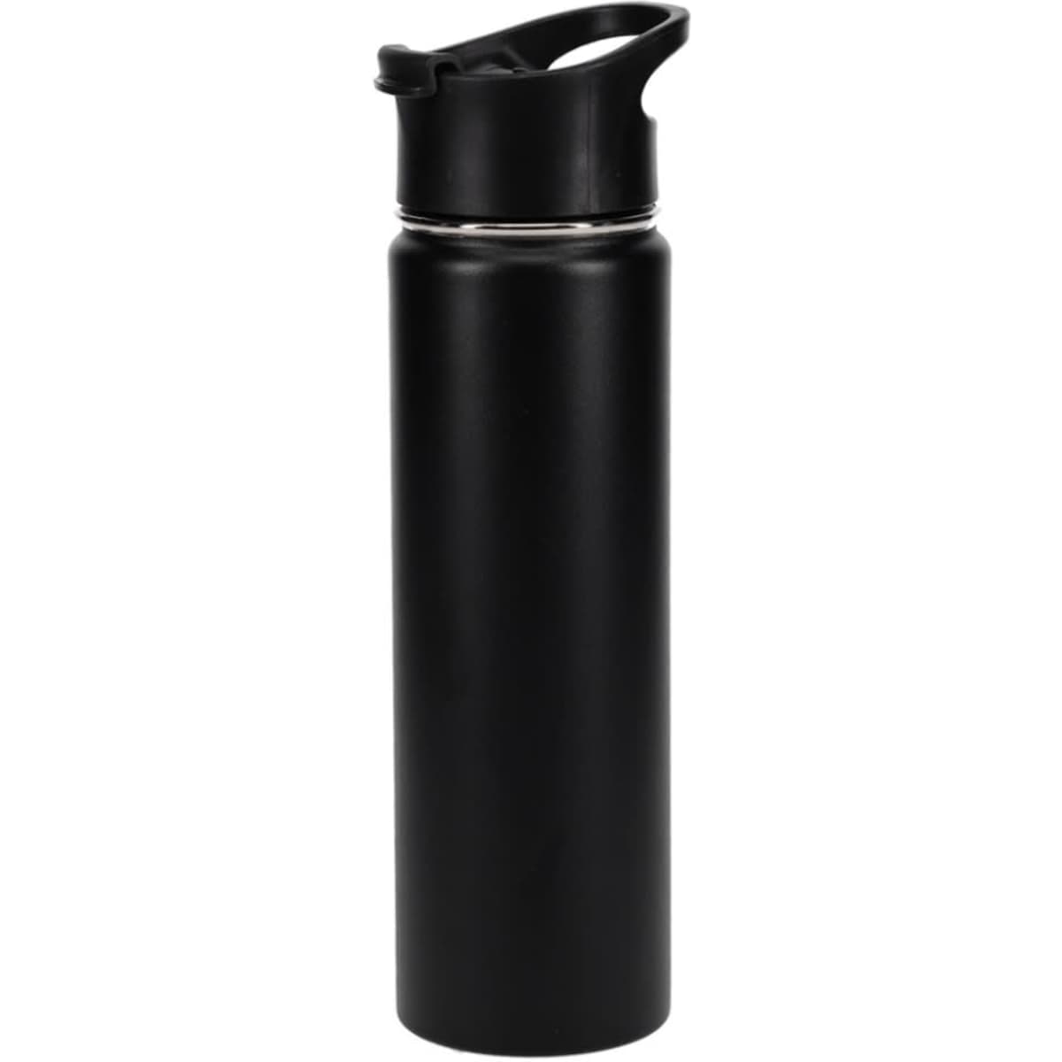 A drink bottle in matte black featuring a screw-top lid and a sleek design, with a logo on the side.