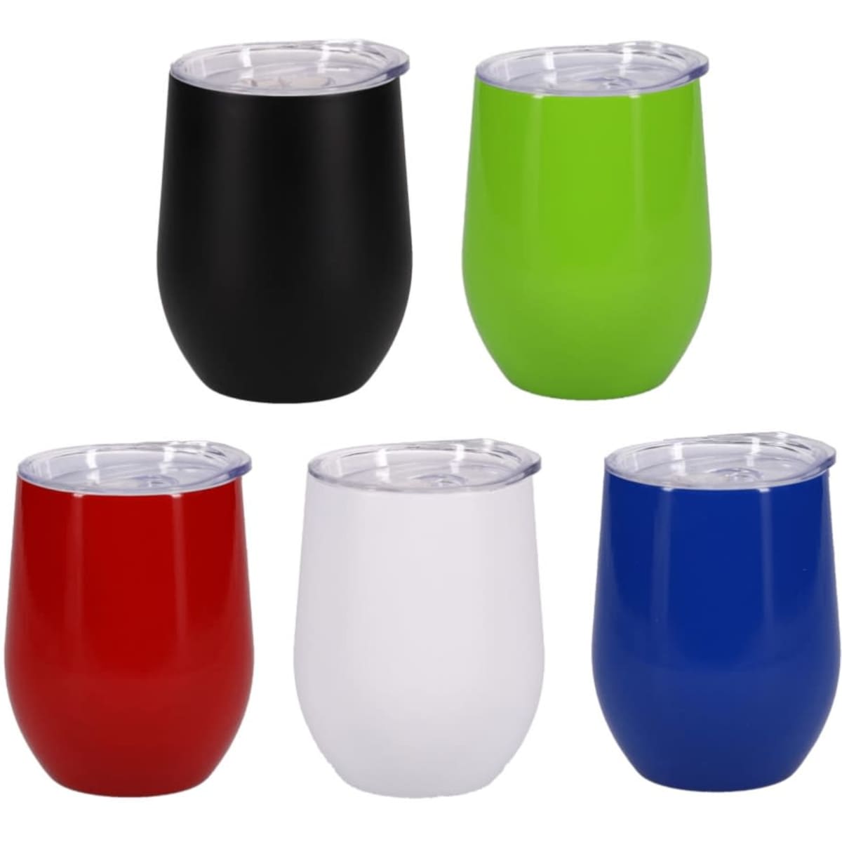 A set of five drink bottles in black, green, red, white, and blue, each with a clear lid.