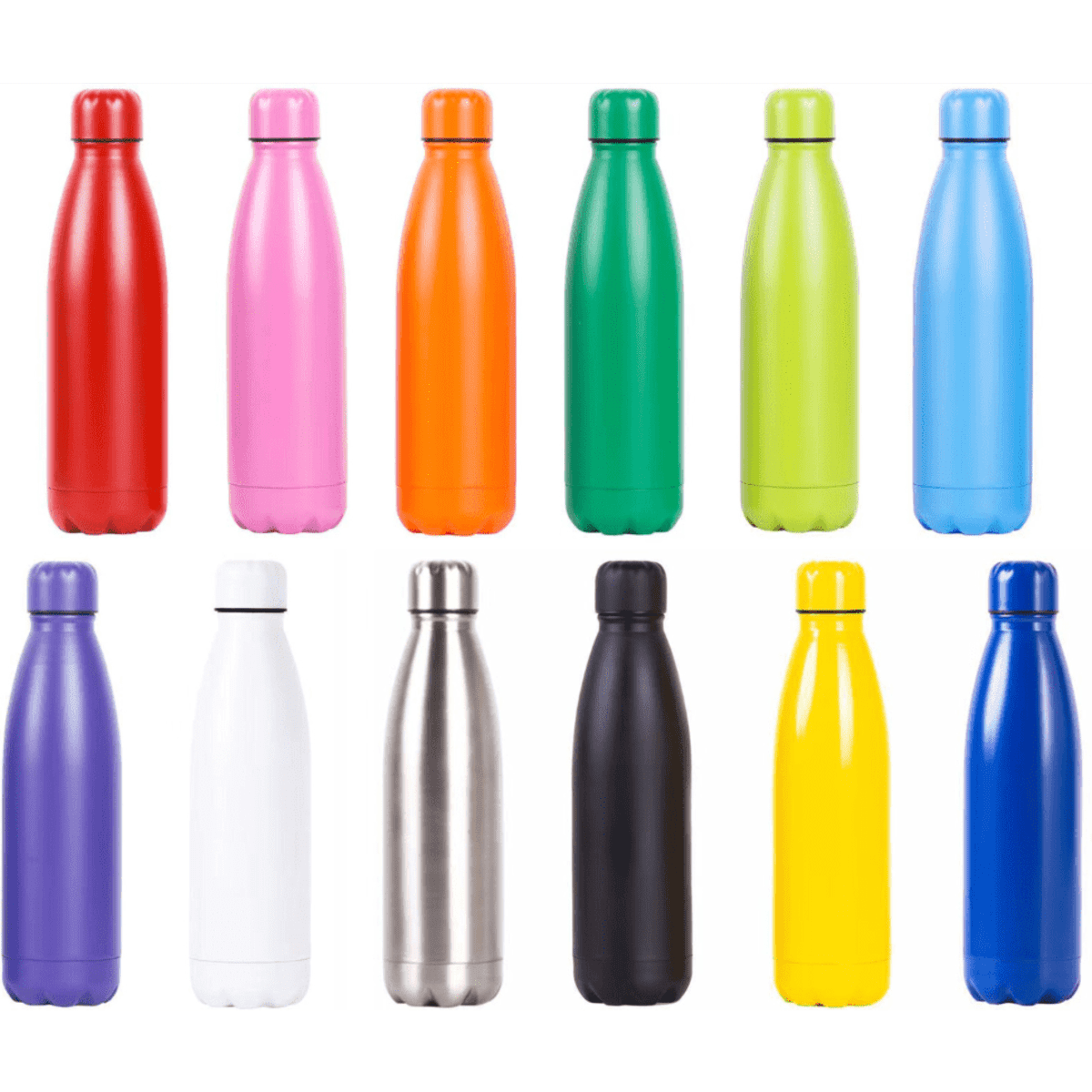 A drink bottle collection featuring red, pink, orange, green, blue, purple, white, stainless steel, black, and yellow colours.