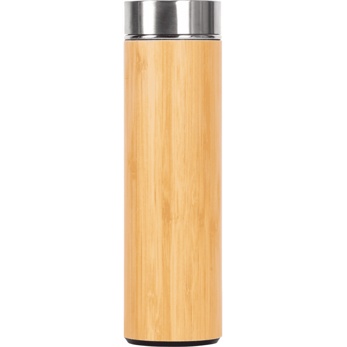 A drink bottle in a bamboo design with a stainless steel top and base, featuring a logo on the side.