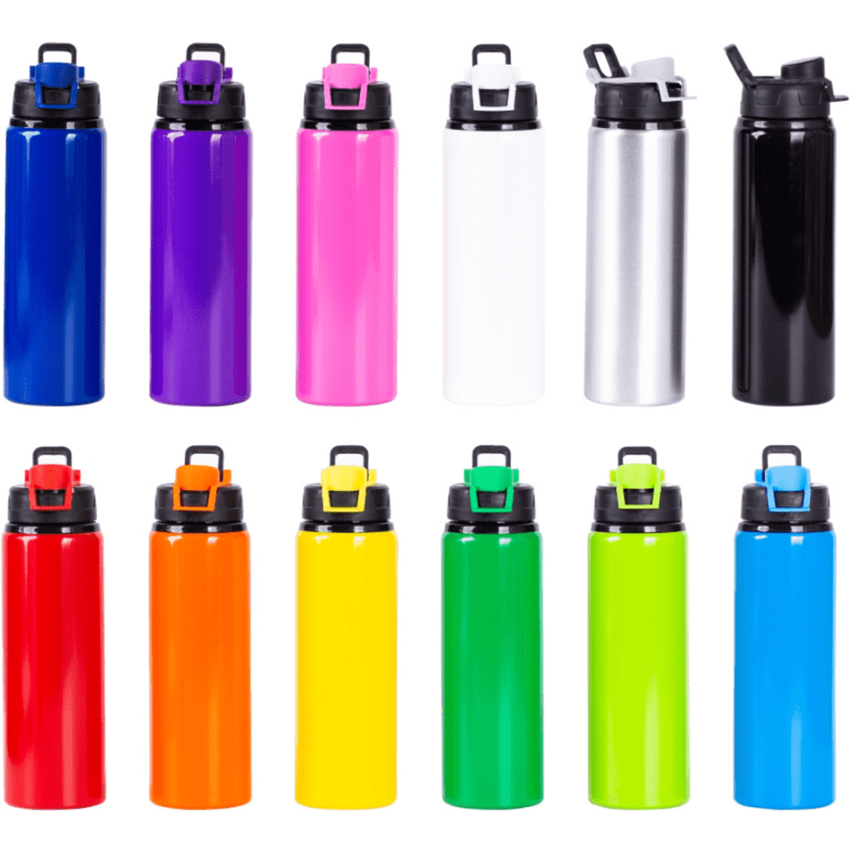 A drink bottle collection featuring vibrant colours: purple, pink, white, silver, black, red, yellow, green, and blue. Each has a logo.