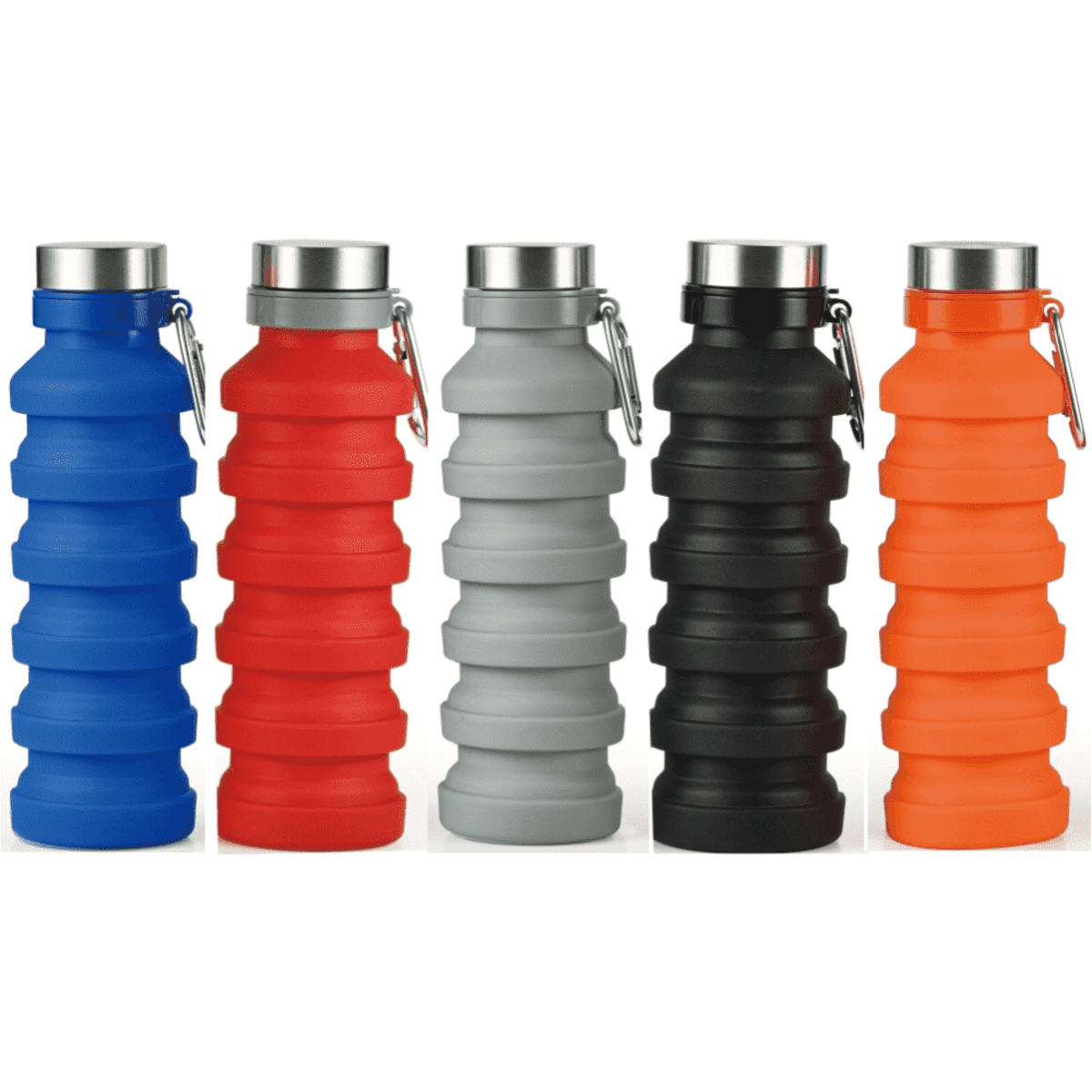A drink bottle featuring a collapsible design, available in blue, red, grey, black, and orange with a metallic cap.