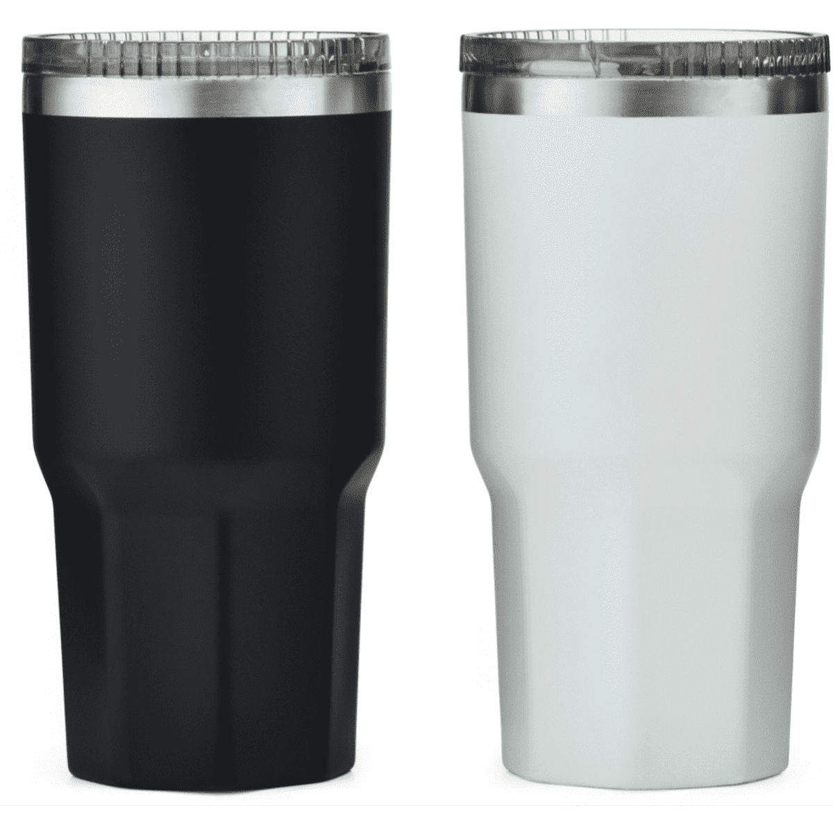 A drink bottle set featuring a black and a white insulated tumbler, each with a silver lid and branding.