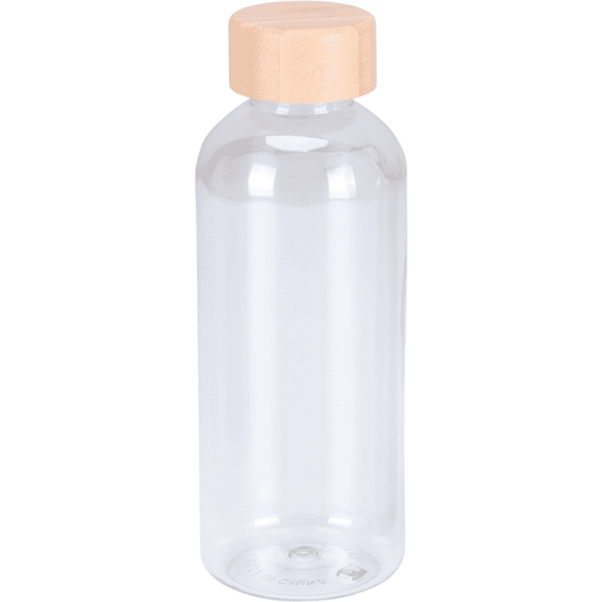 A drink bottle with a clear body and a peach-coloured lid. It features branding on the bottle.