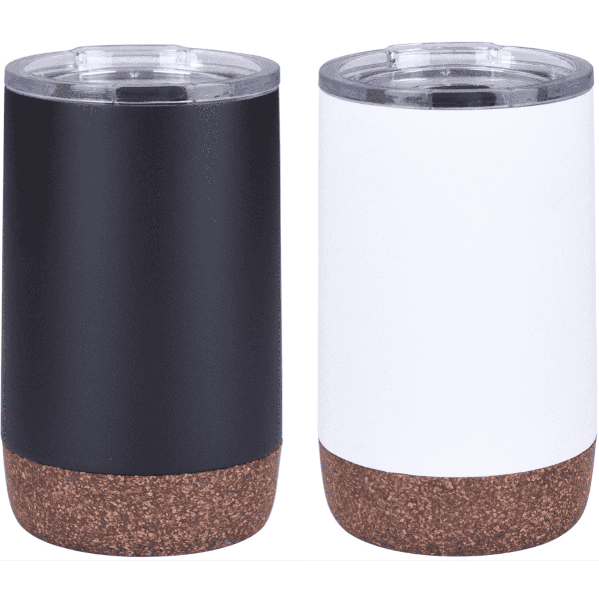 A drink bottle set featuring a black and a white mug, both with a cork base and clear lids.