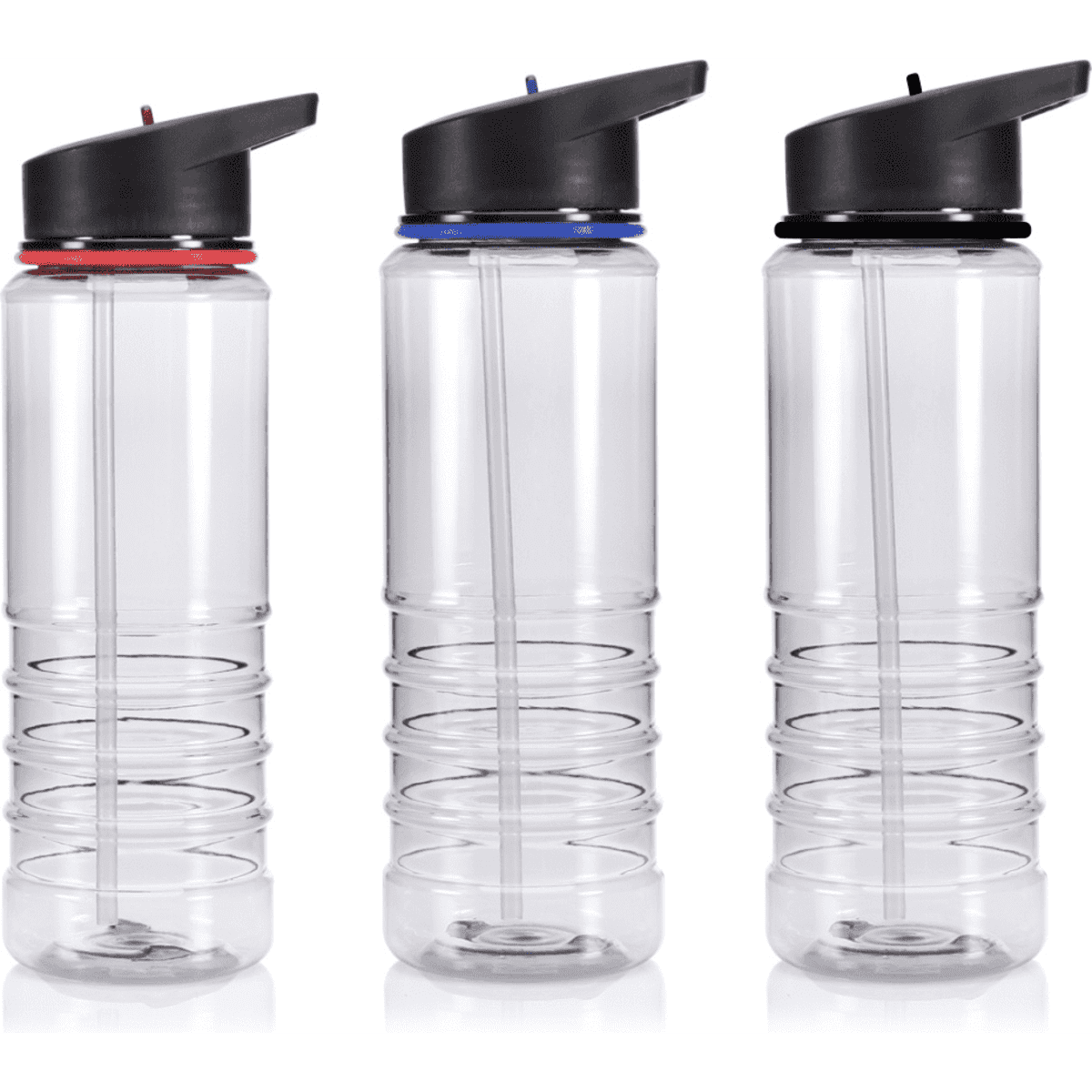 A drink bottle set featuring three clear bottles with black caps, one with a red band, one with a blue band, and one with no band.