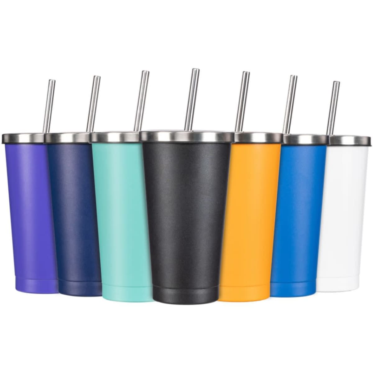 A drink bottle set featuring eight tumblers in purple, navy, teal, orange, blue, black, and white with metal straws.