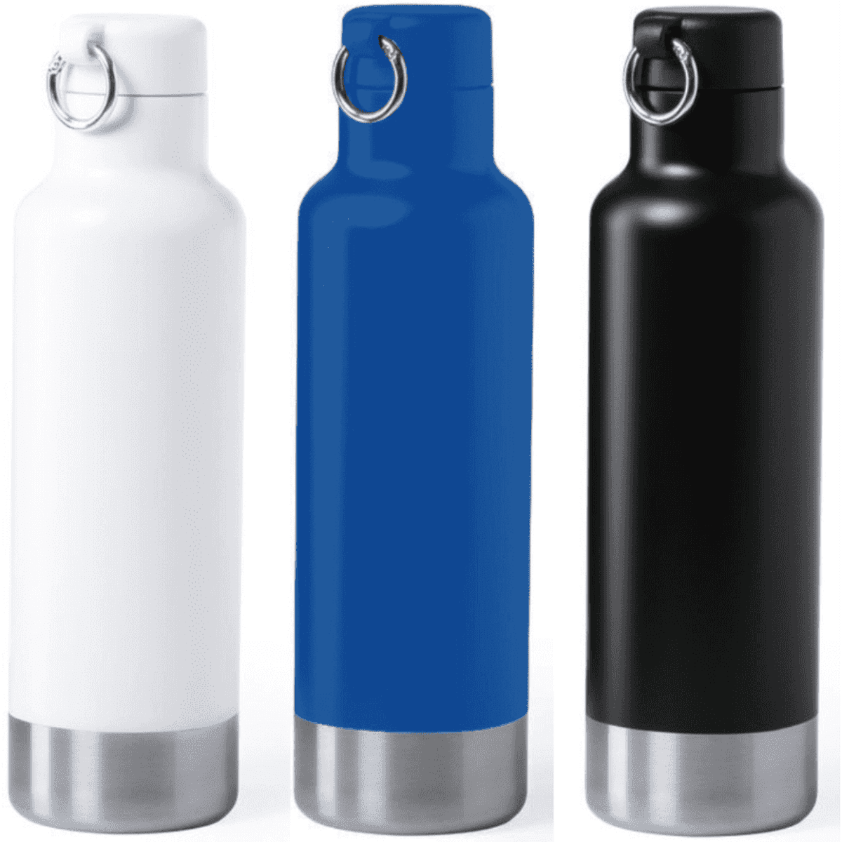 A drink bottle collection featuring white, blue, and black stainless steel designs with a silver base and a metal ring.