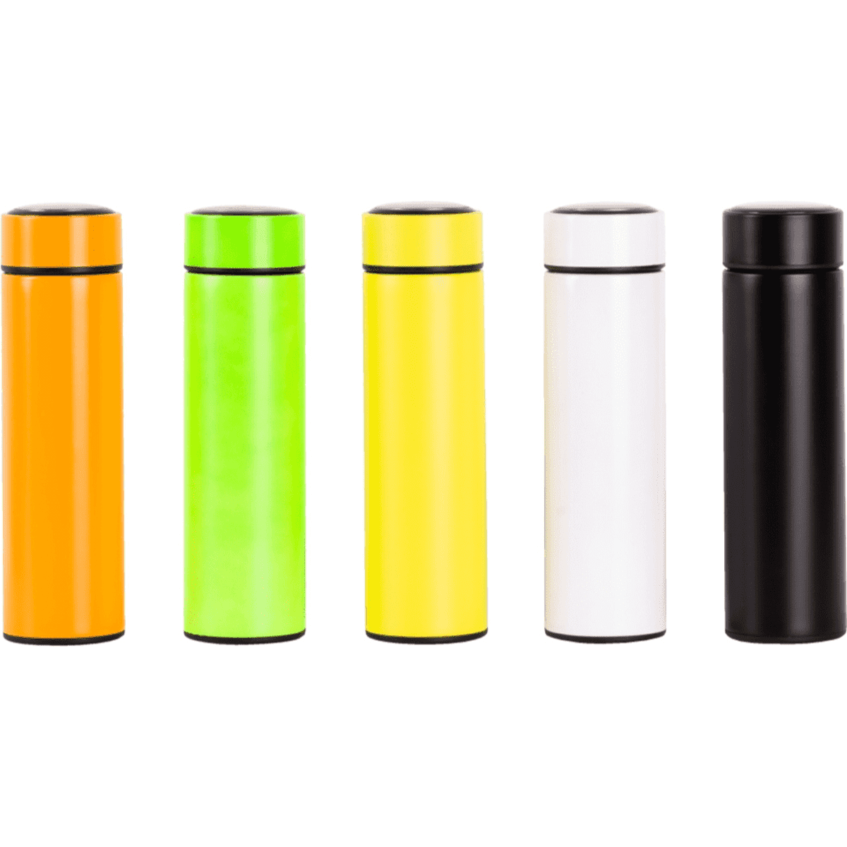 A drink bottle collection featuring orange, green, yellow, white, and black colours, each with a sleek design and branding.