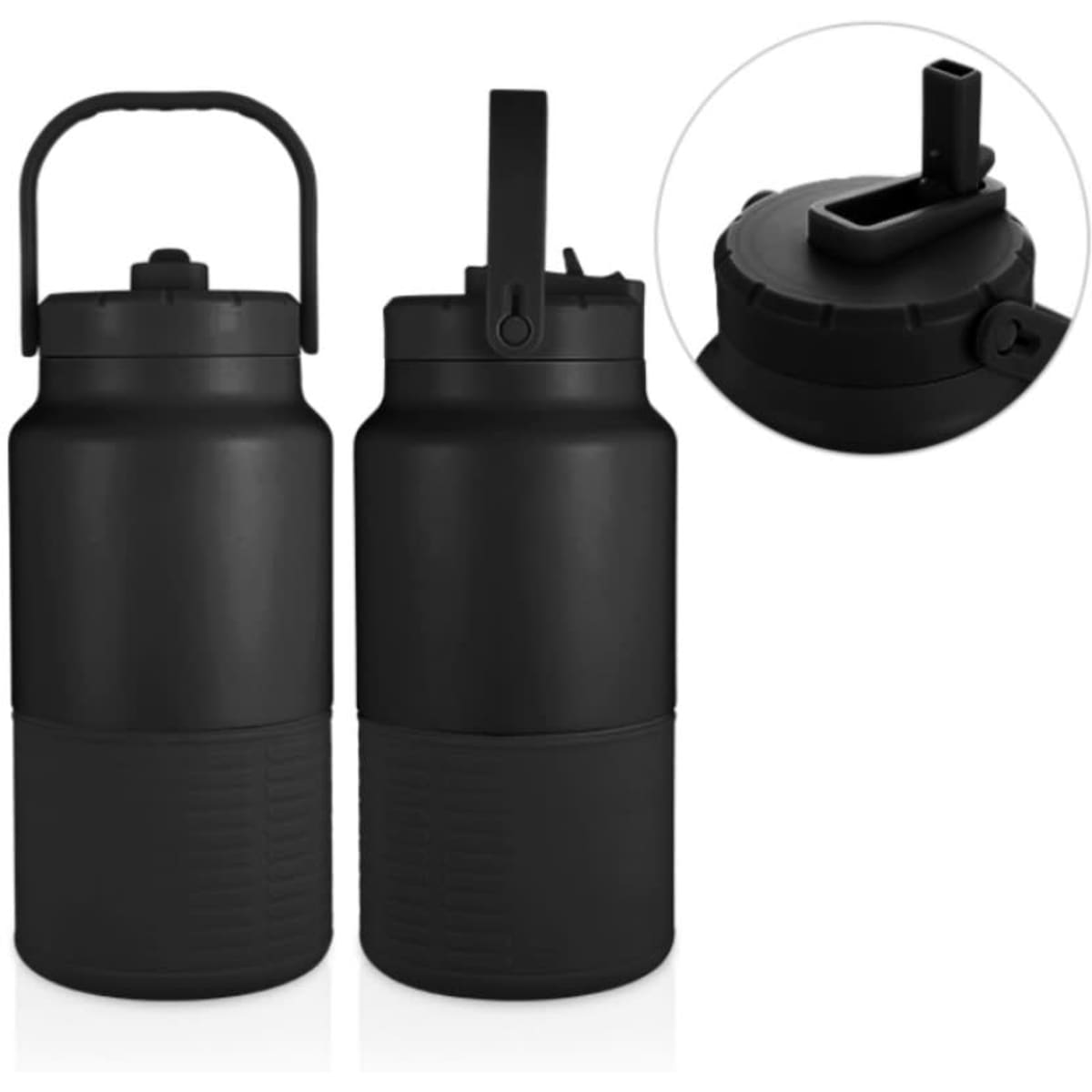 A drink bottle in matte black with a carry handle and a spout. It features a logo on the side.