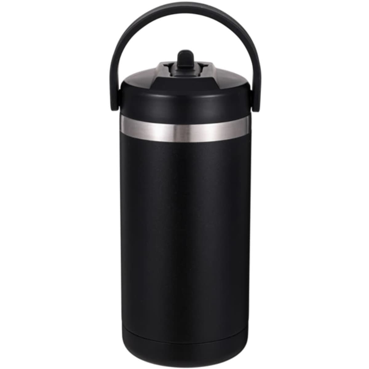 A drink bottle in black with a silver band and a carry handle, featuring a secure lid and no visible branding.