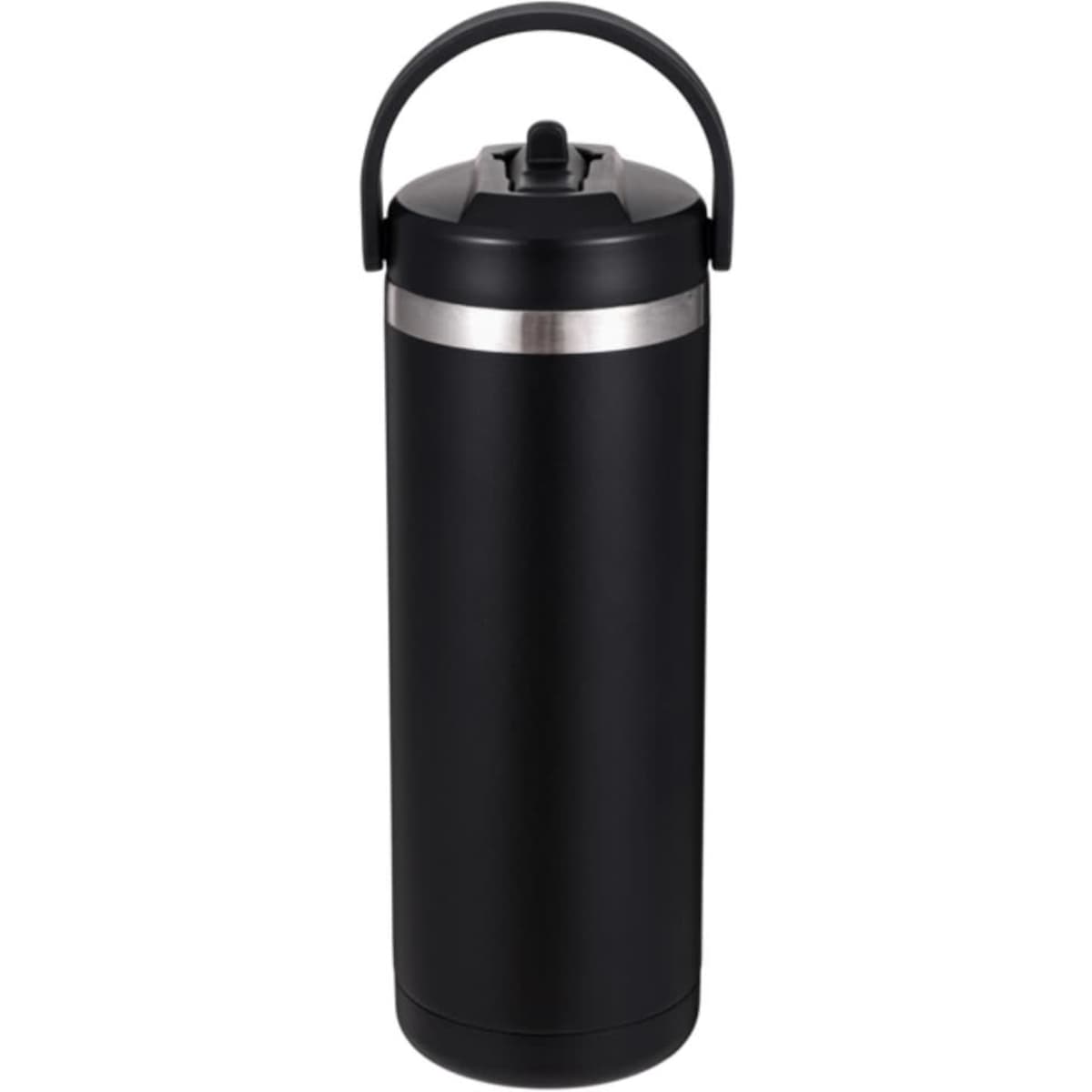 A drink bottle in matte black with a silver band and a curved handle on top.