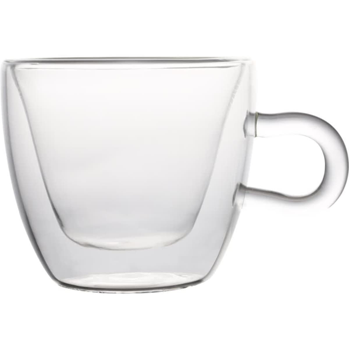 A clear glass coffee mug with a modern design and a unique handle.