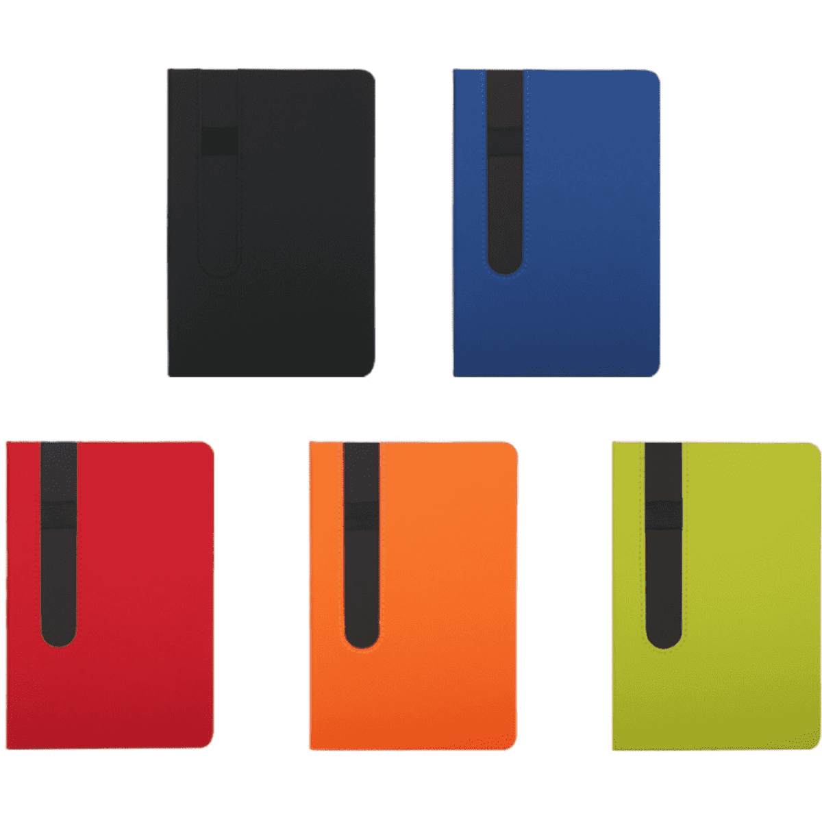 A collection of five notebooks in black, blue, red, orange, and green, each with an elastic band closure.