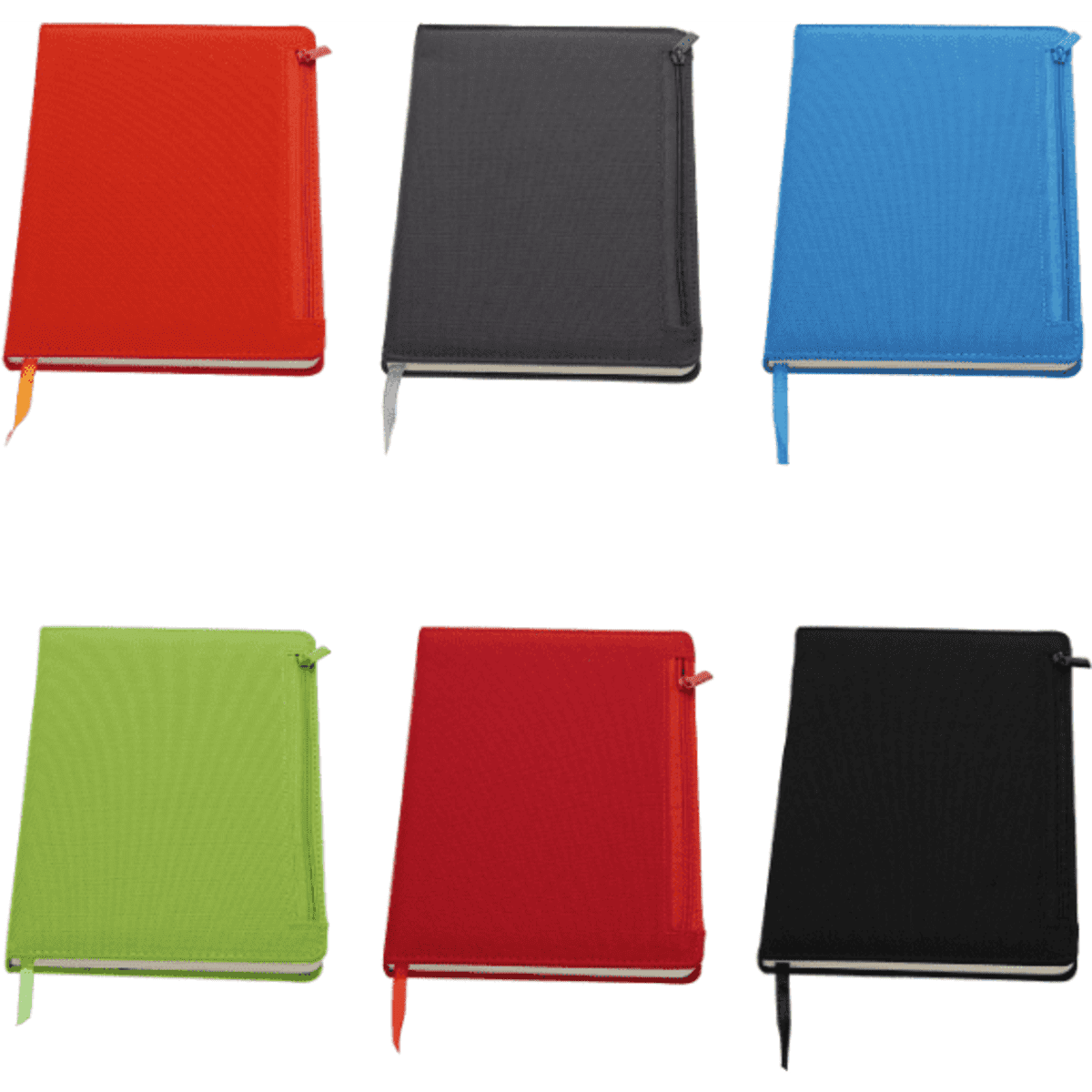 A collection of notebooks in red, grey, blue, green, dark red, and black, featuring a logo and zip closure.