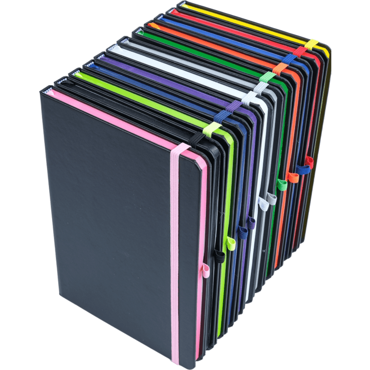 A stack of notebooks in various colours including black, white, green, blue, and pink, bound with elastic bands.