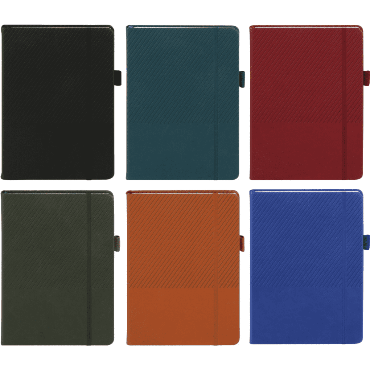 A collection of six notebooks in black, teal, burgundy, olive green, orange, and blue, each with a logo.