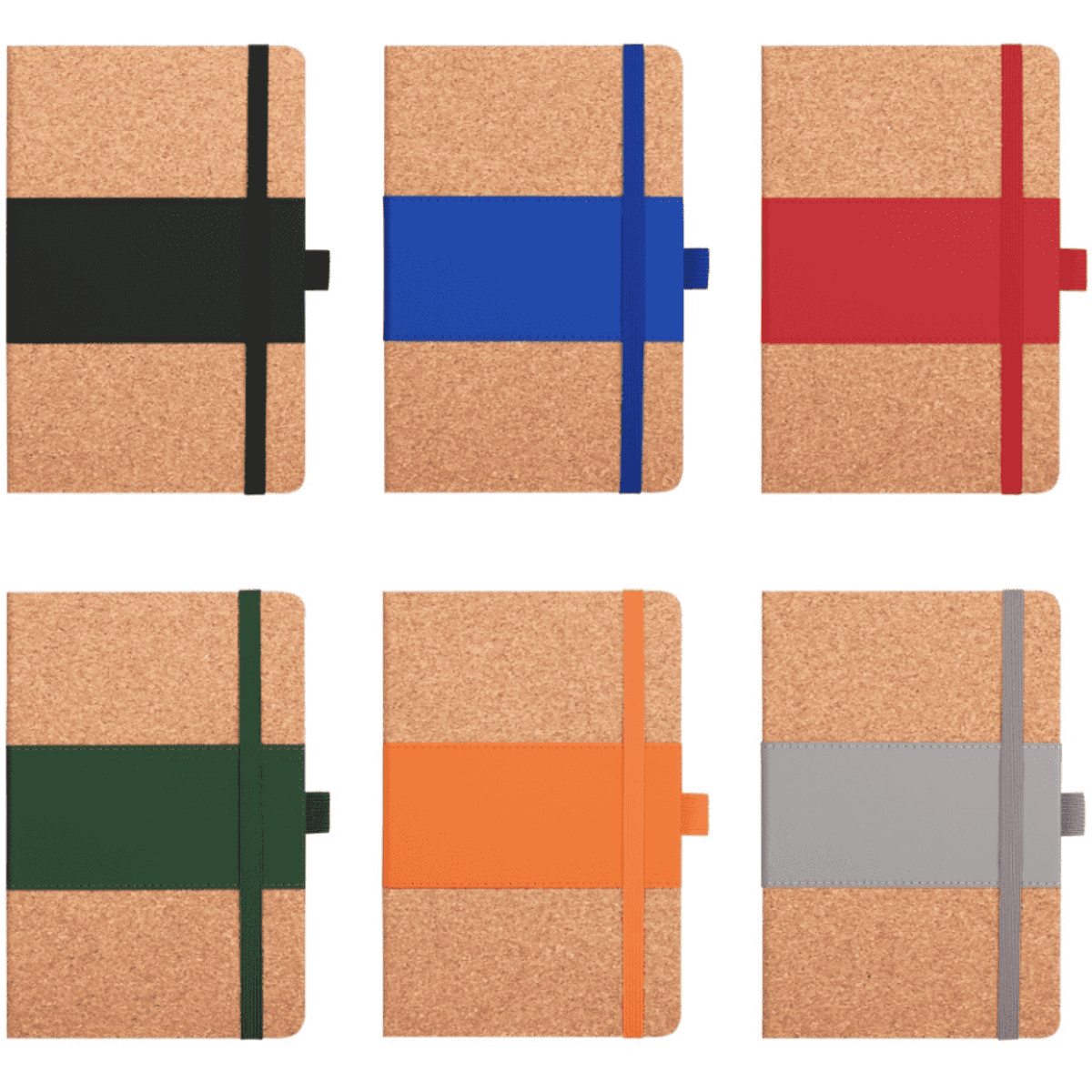 A set of six notebooks with cork covers and coloured elastic bands in black, blue, red, green, orange, and grey.