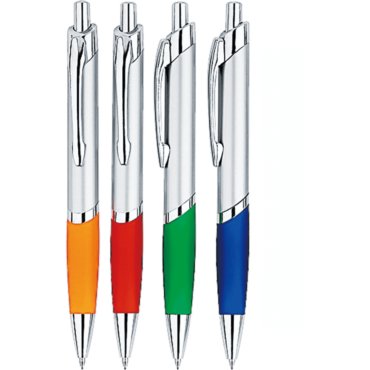 A set of four Andromeda plastic pens in orange, red, green, and blue, each with a silver accent and a logo.
