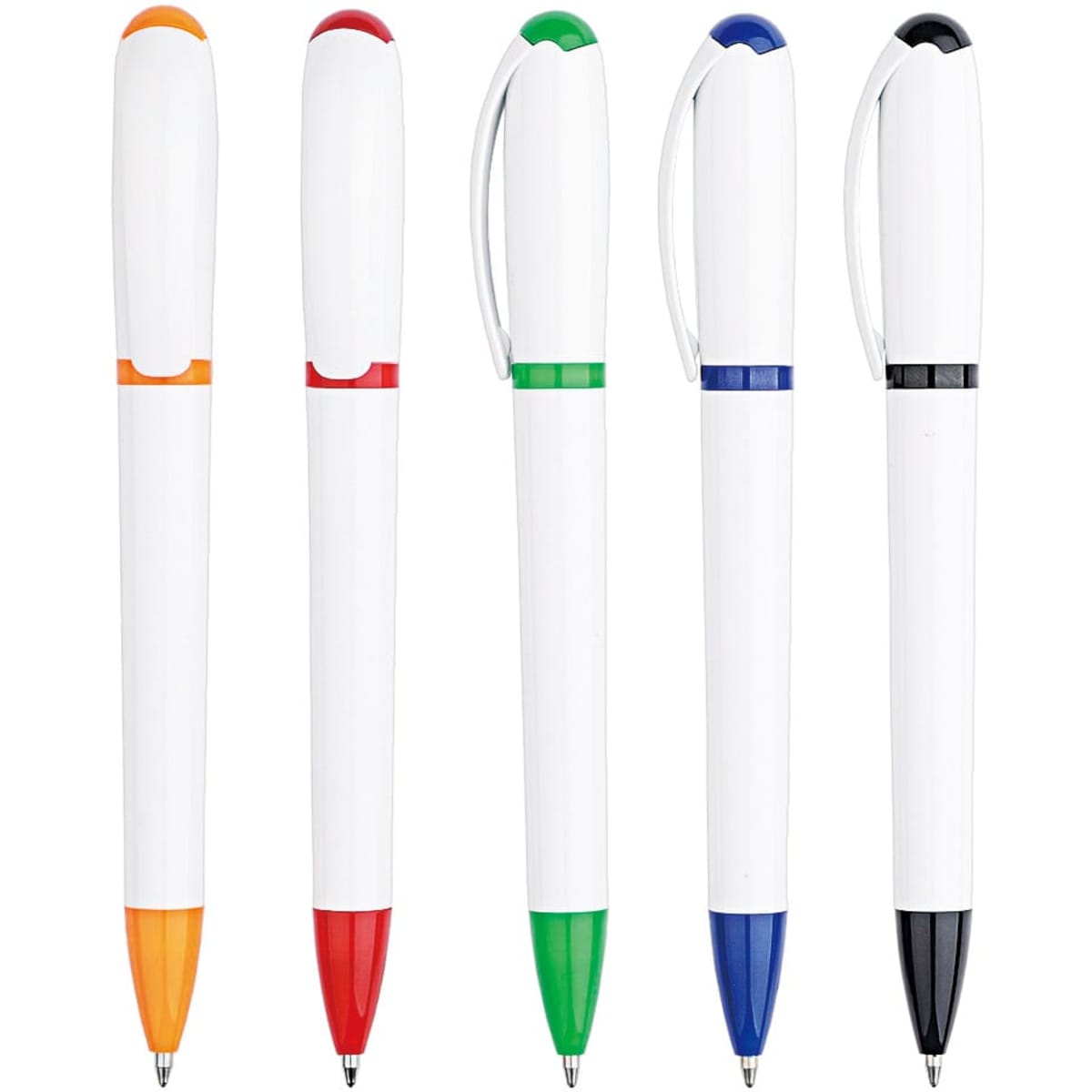 A collection of five plastic pens in white with coloured accents: orange, red, green, blue, and black. Each has a logo.