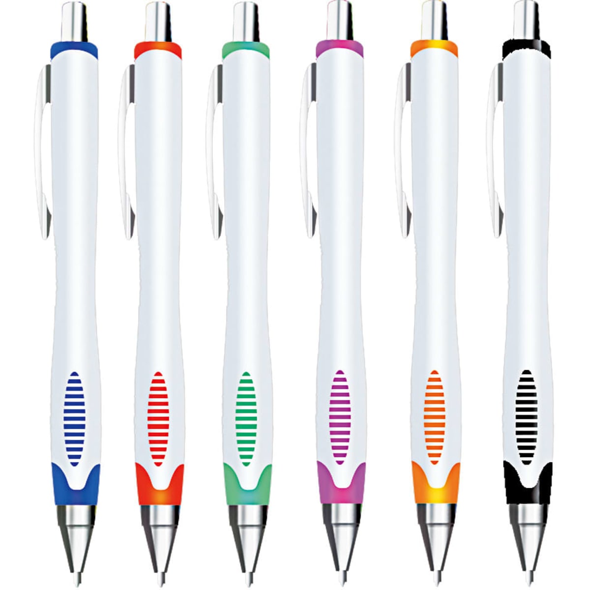 A set of six plastic pens in blue, orange, green, purple, and black, featuring a white body and a logo.