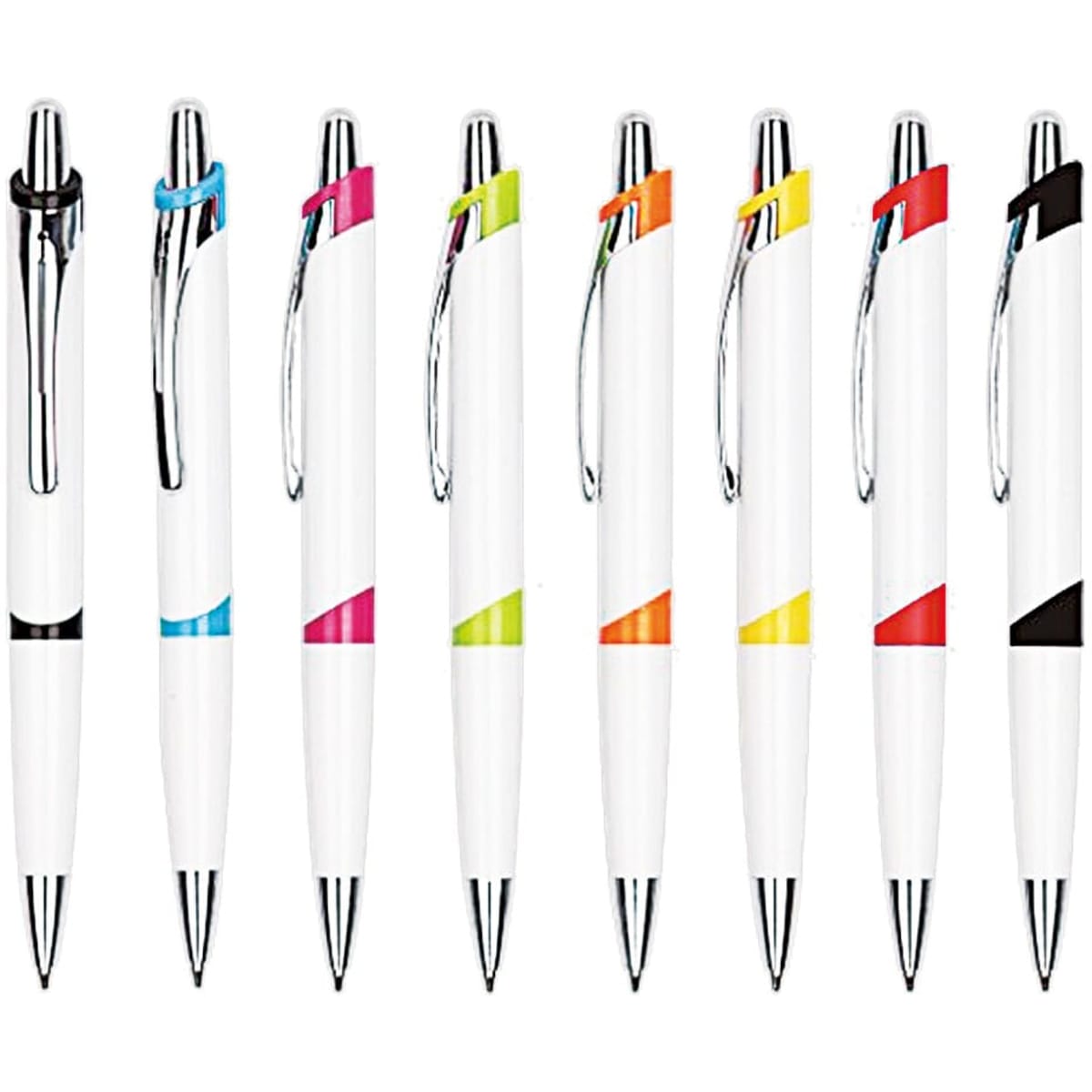 A collection of white plastic pens in various colours with a sleek design and chrome accents. Each pen has a logo.