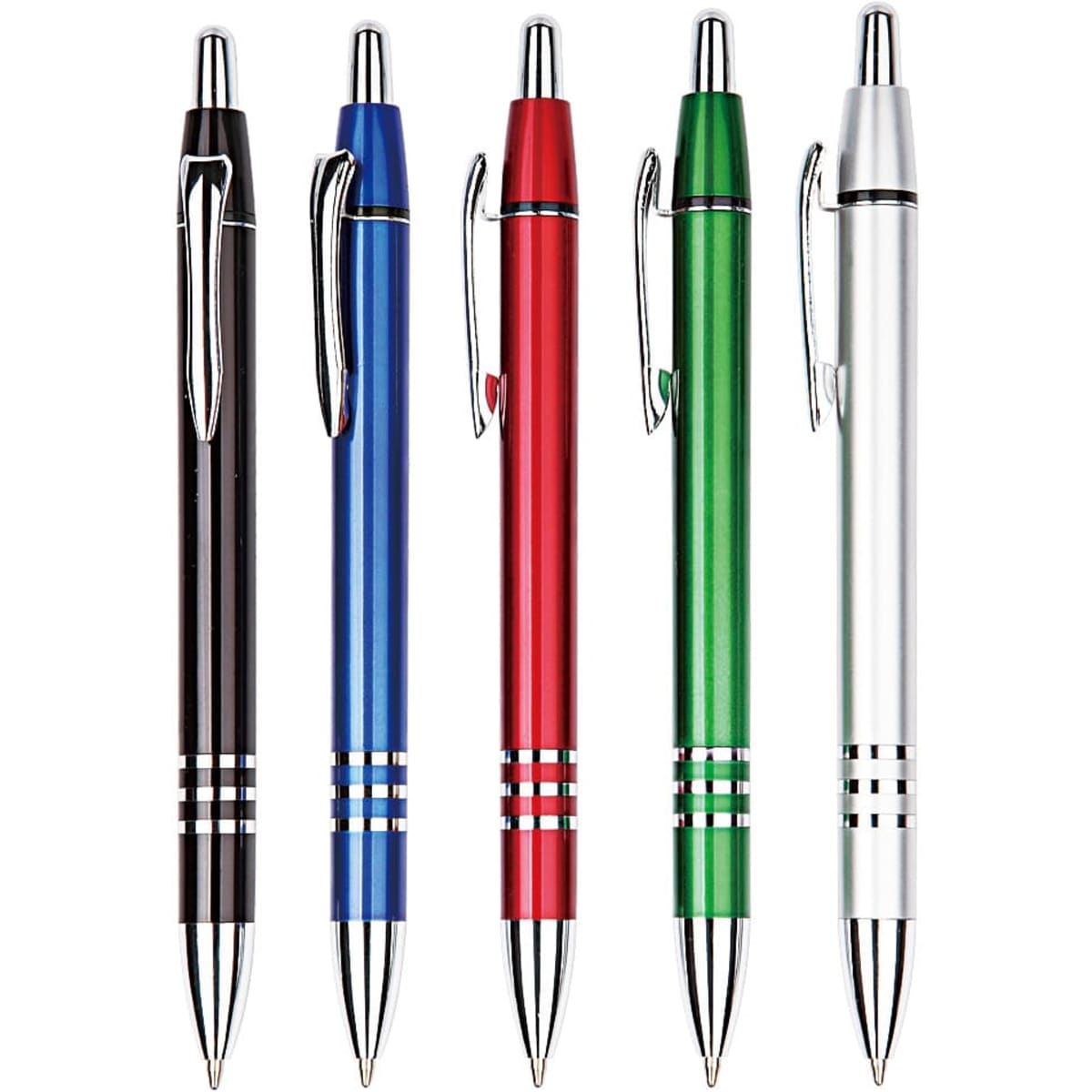 A set of five plastic pens in black, blue, red, green, and silver, featuring chrome accents and clips.